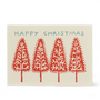 Christmas card with red Christmas trees and 'Happy Christmas' text on a beige background