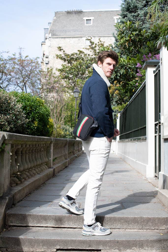 Men's shoulder bag in black fabric and upcycled leather