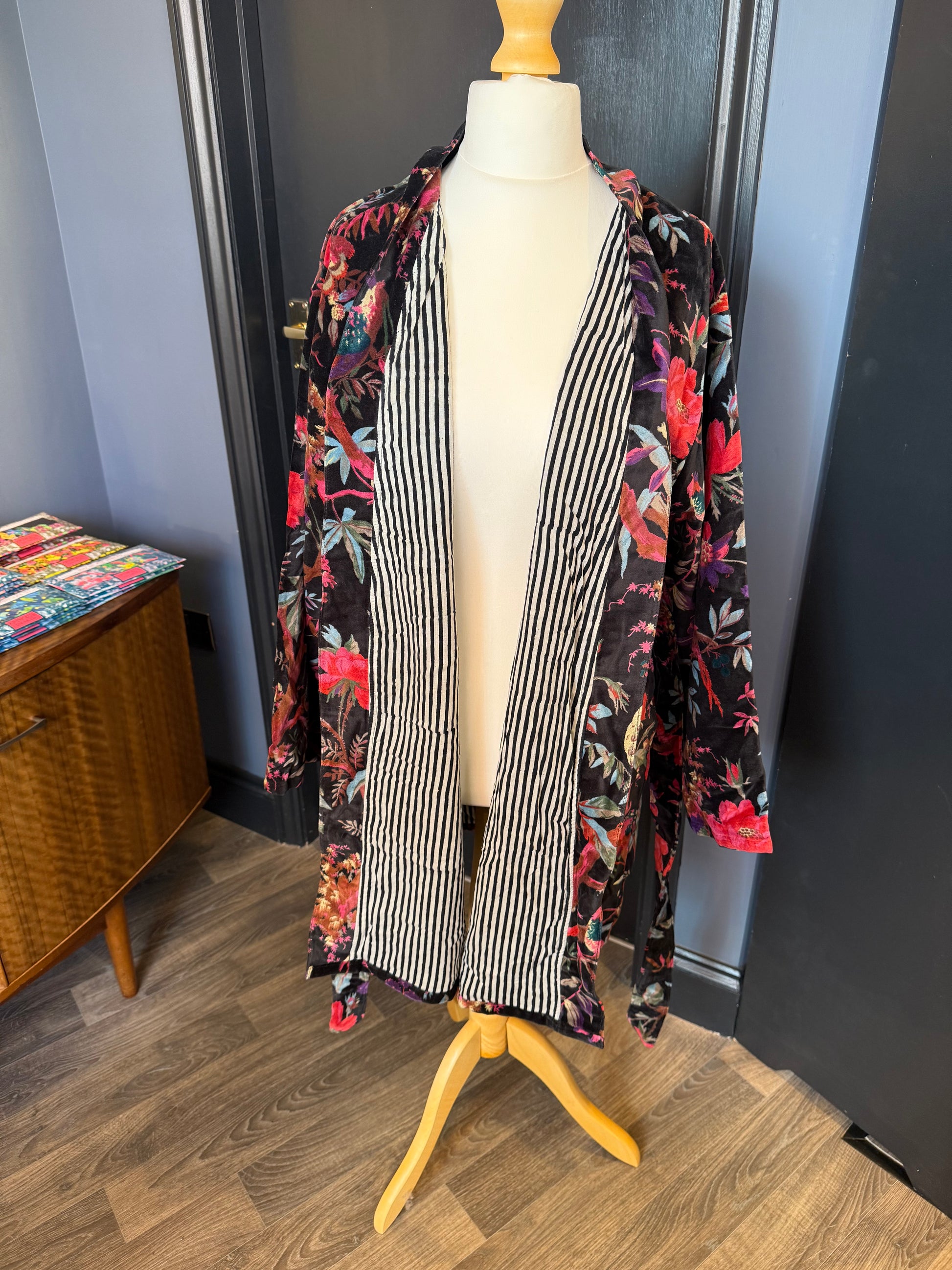 Black velvet robe -  botanical & bird print, knee length