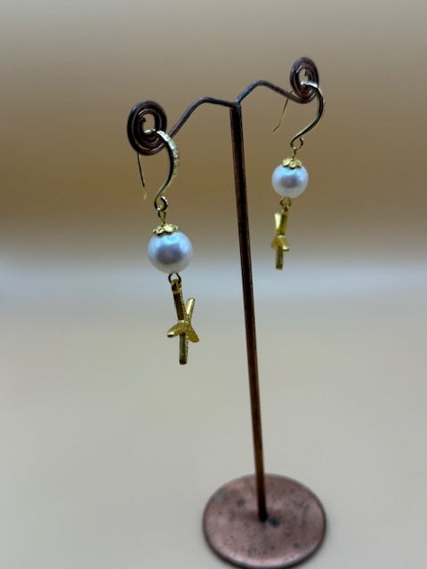 Freshwater Pearl & Gold Star Fish Drop Earrings