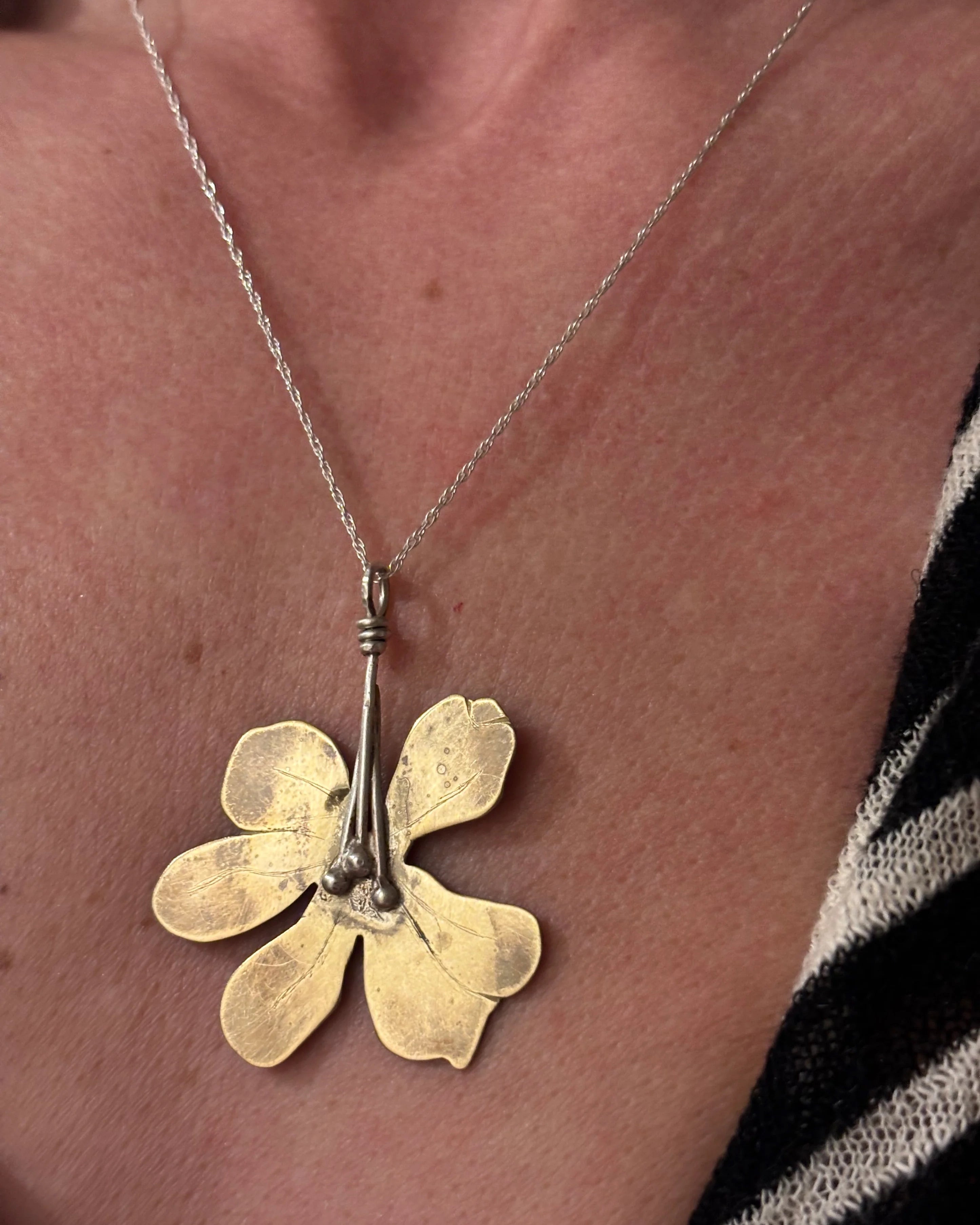 Brass & Silver Skeleton Flower Pendant