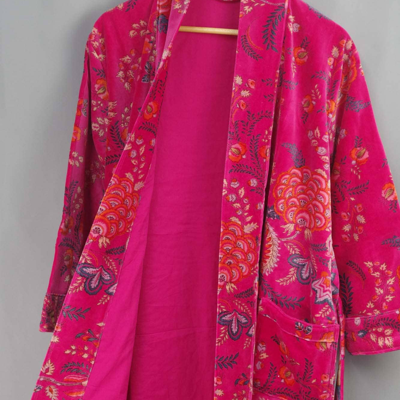 Velvet Kimono With Lining Gown - Hot Pink Floral