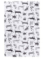 Patterned paper with black and white illustrations of dogs and plaid patterns on a white background.
