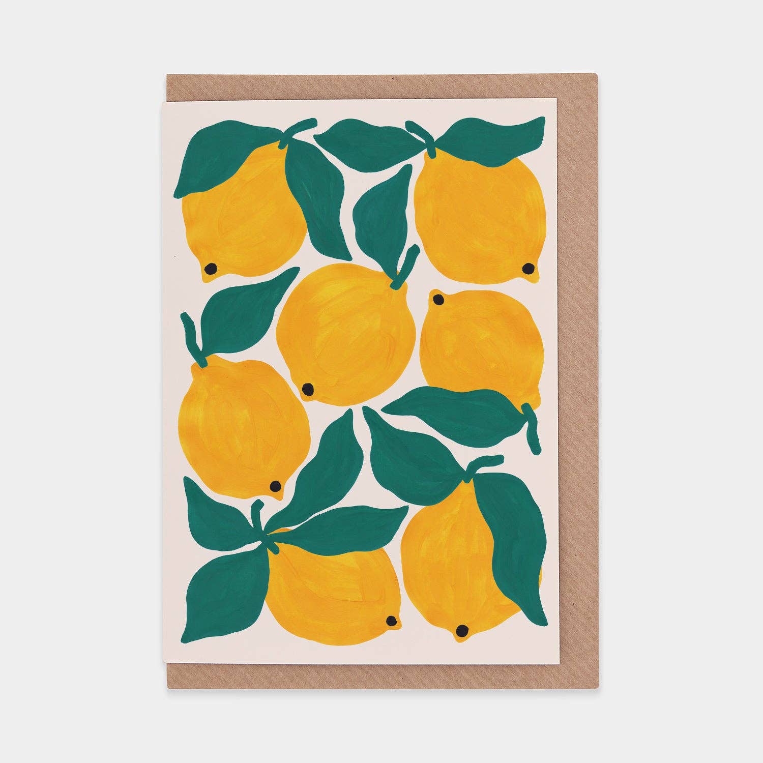 Greeting card with yellow lemon illustrations on a white background