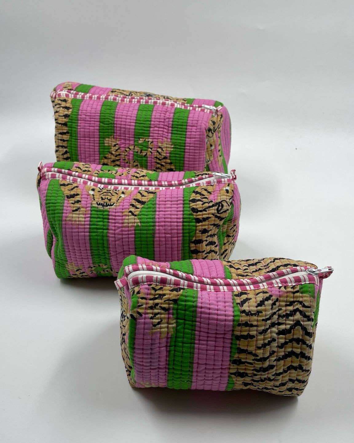 Pink & Green Tiger quilted wash bags -  Set of 3 small, medium & large