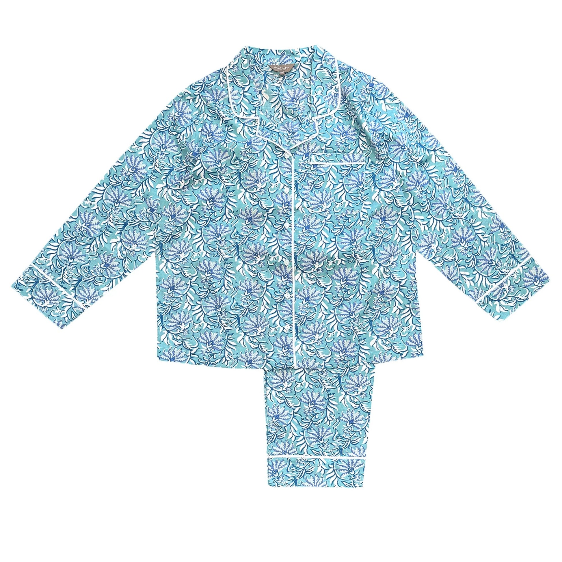 Floral pajama set with a blue and white pattern on a white background