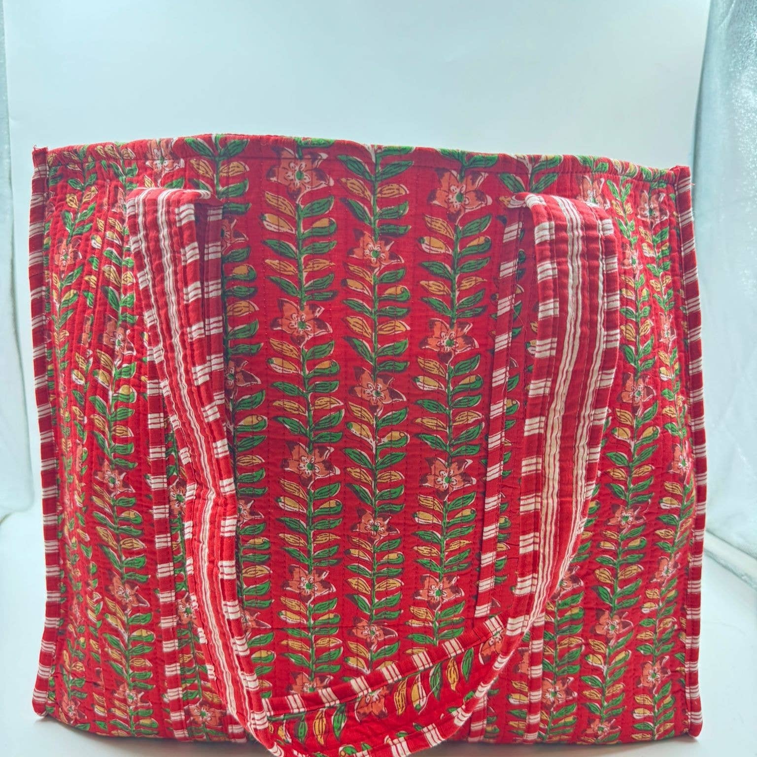 Red Floral Cotton Kantha Quilted Tote