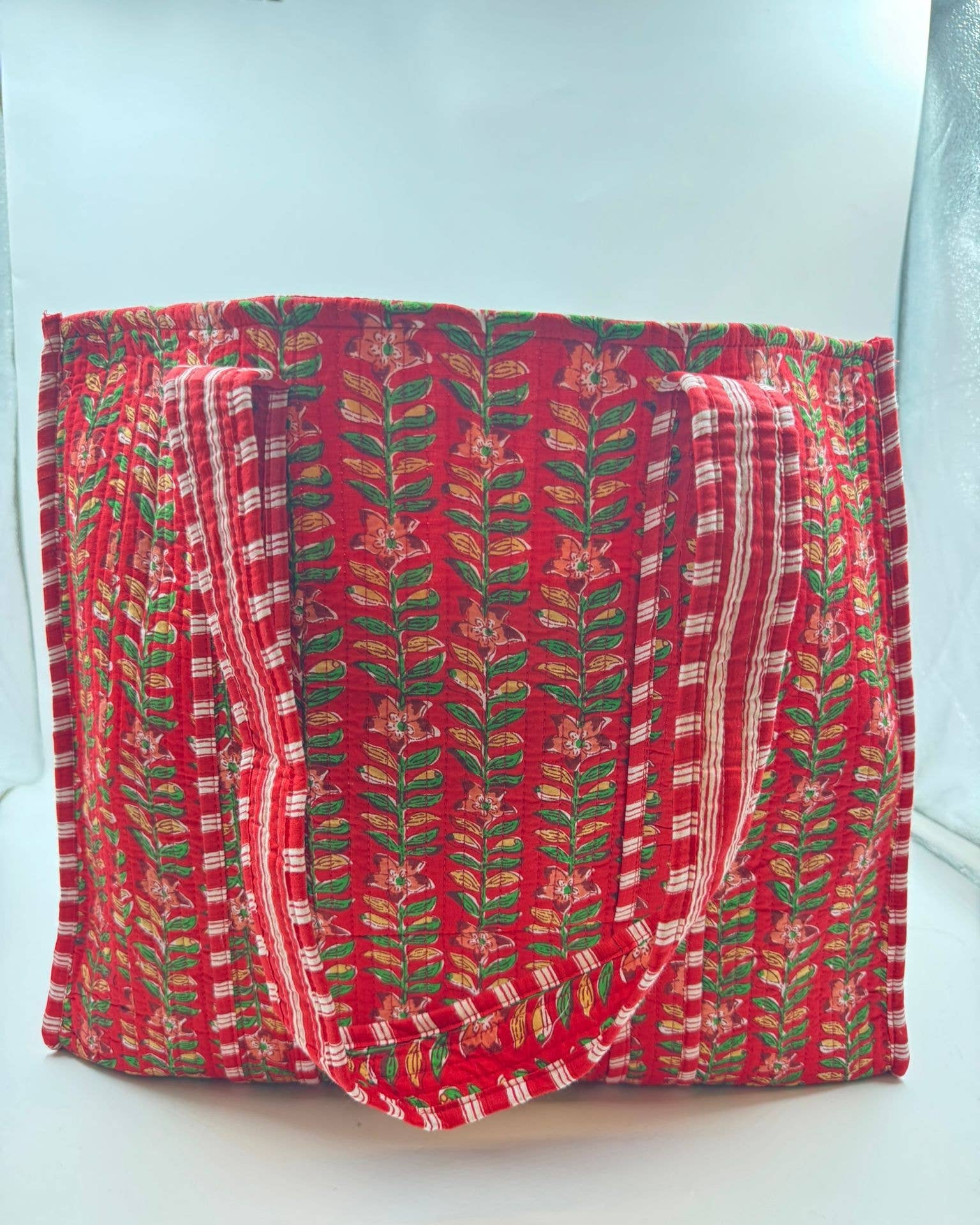 Red Floral Cotton Kantha Quilted Tote