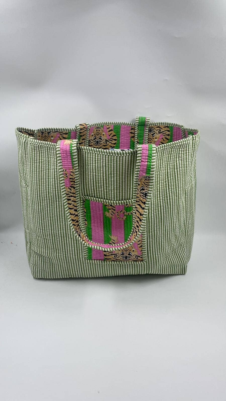 Pink & Green Tiger Cotton Kantha Tiger Tote Bag