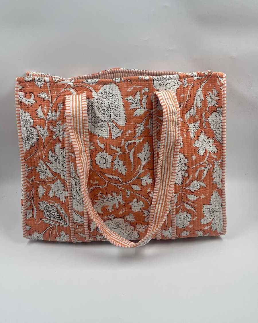 Orange Cotton Quilted Boho Floral Reversible Tote Bag