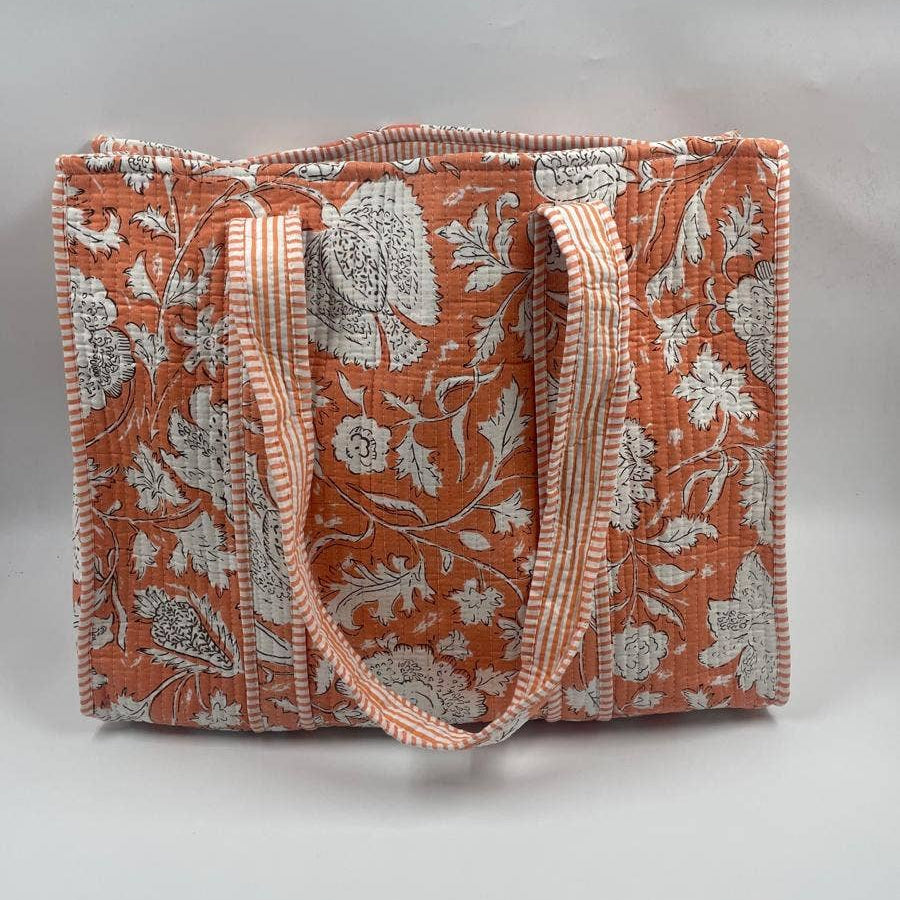 Orange Cotton Quilted Boho Floral Reversible Tote Bag