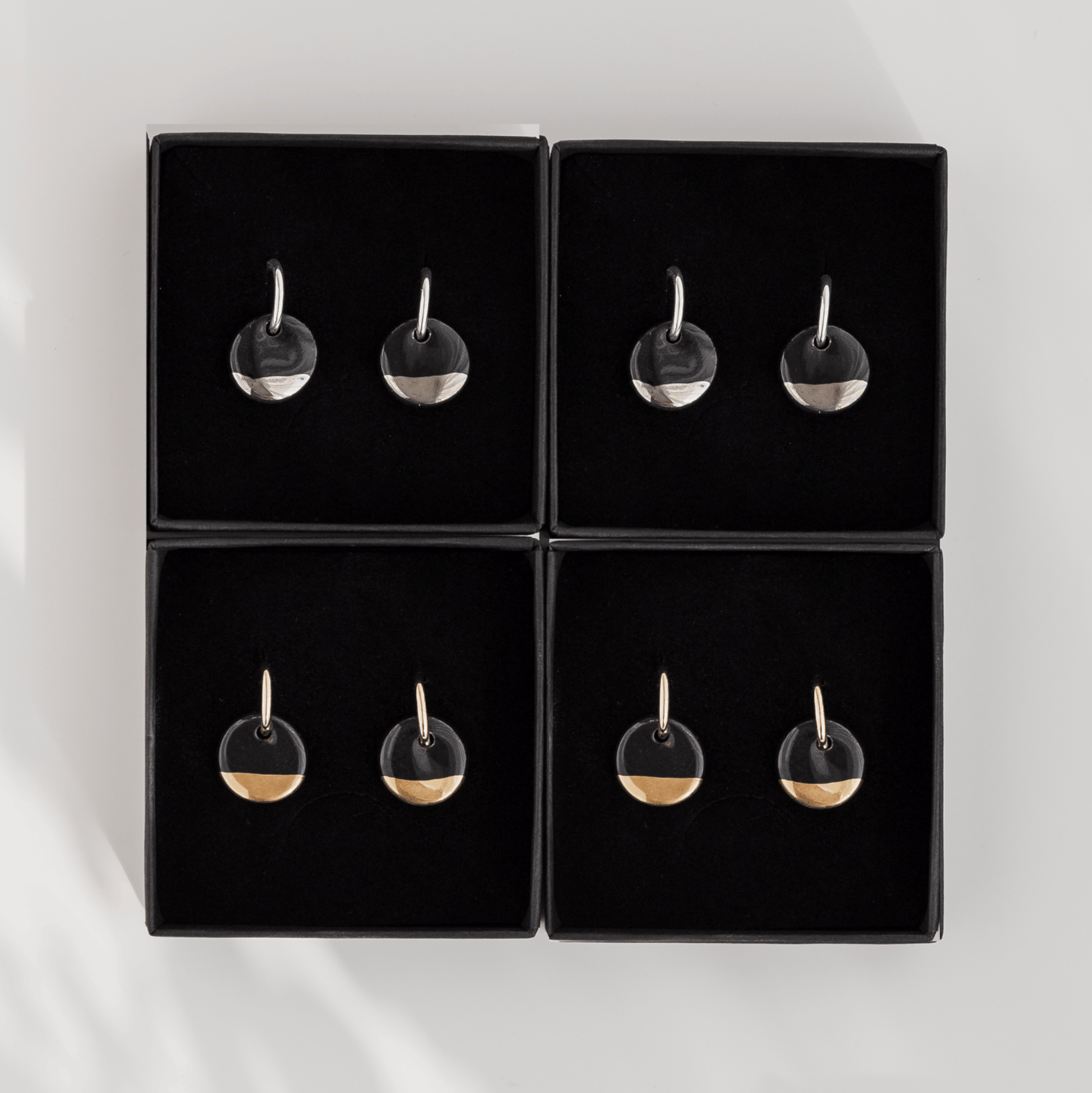 Black Mini Ceramic Circle Charm With Huggie Hoops: Gold