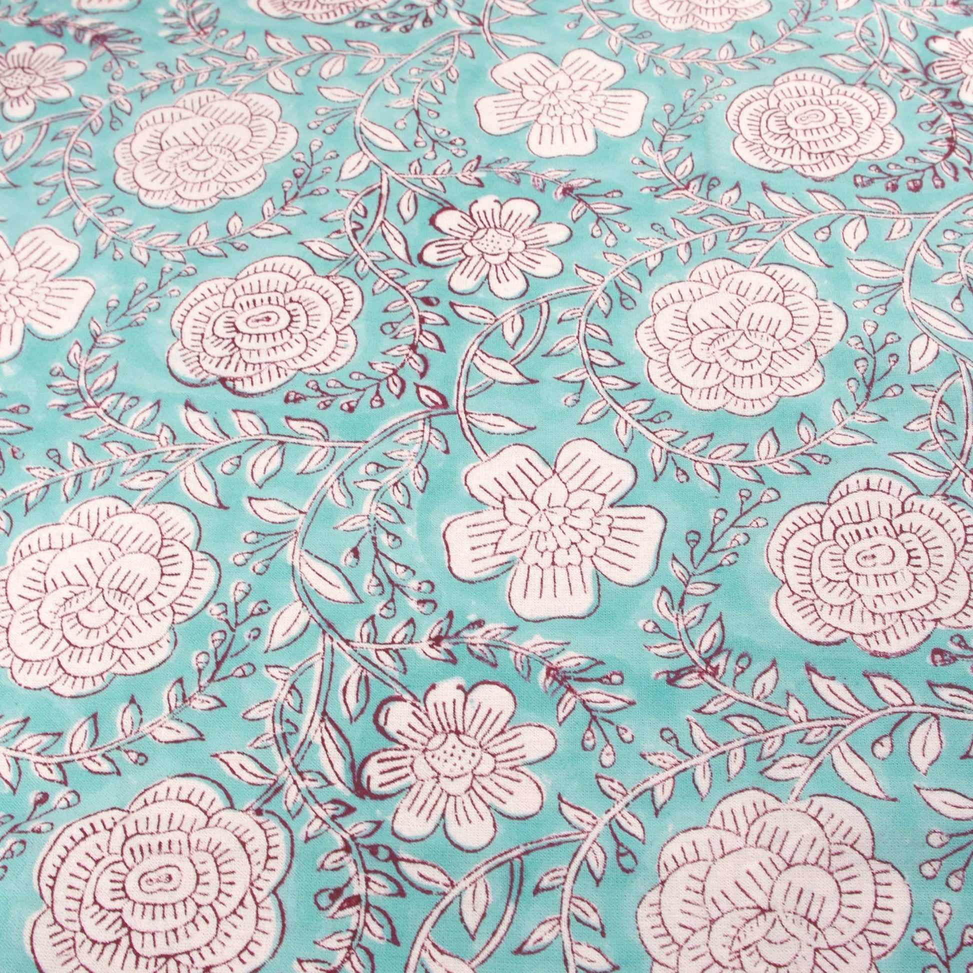 Block Printed Rectangular Tablecloth - Teal Roses