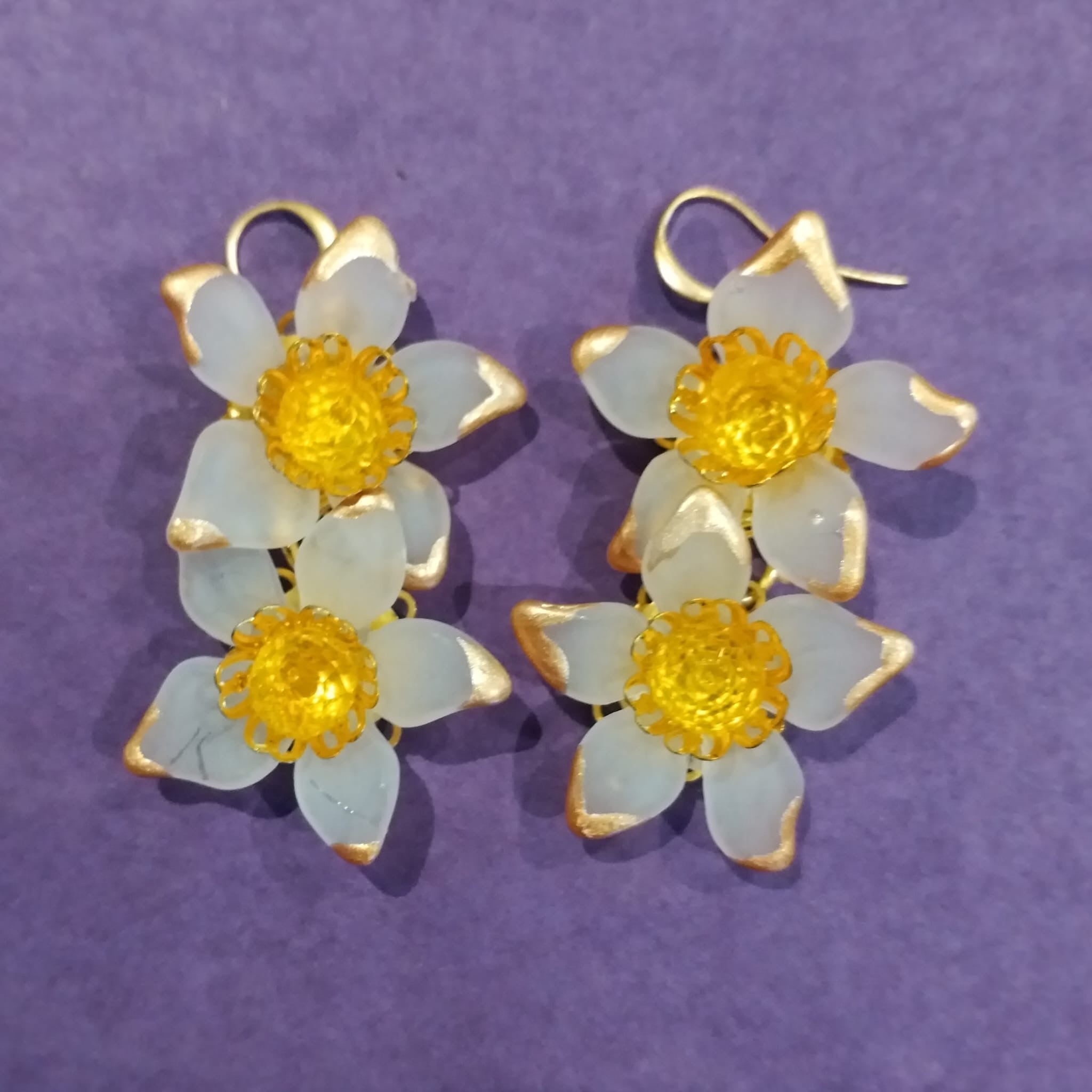 Double White and Gold Acrylic Flower Earrings