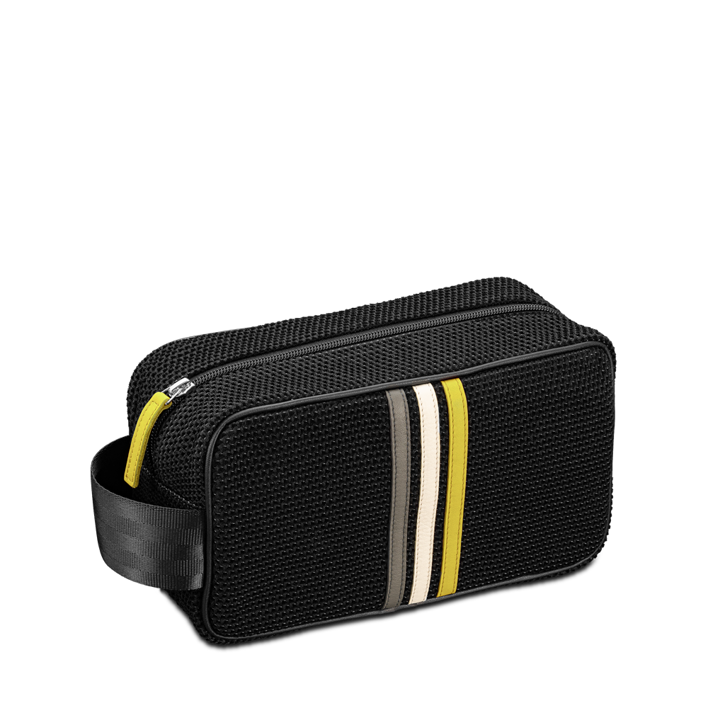 Black Toiletry Bag with white, yellow, grey leather stripes