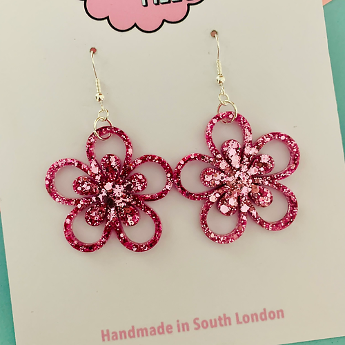 Floral Glitter Flower Earrings : Teal