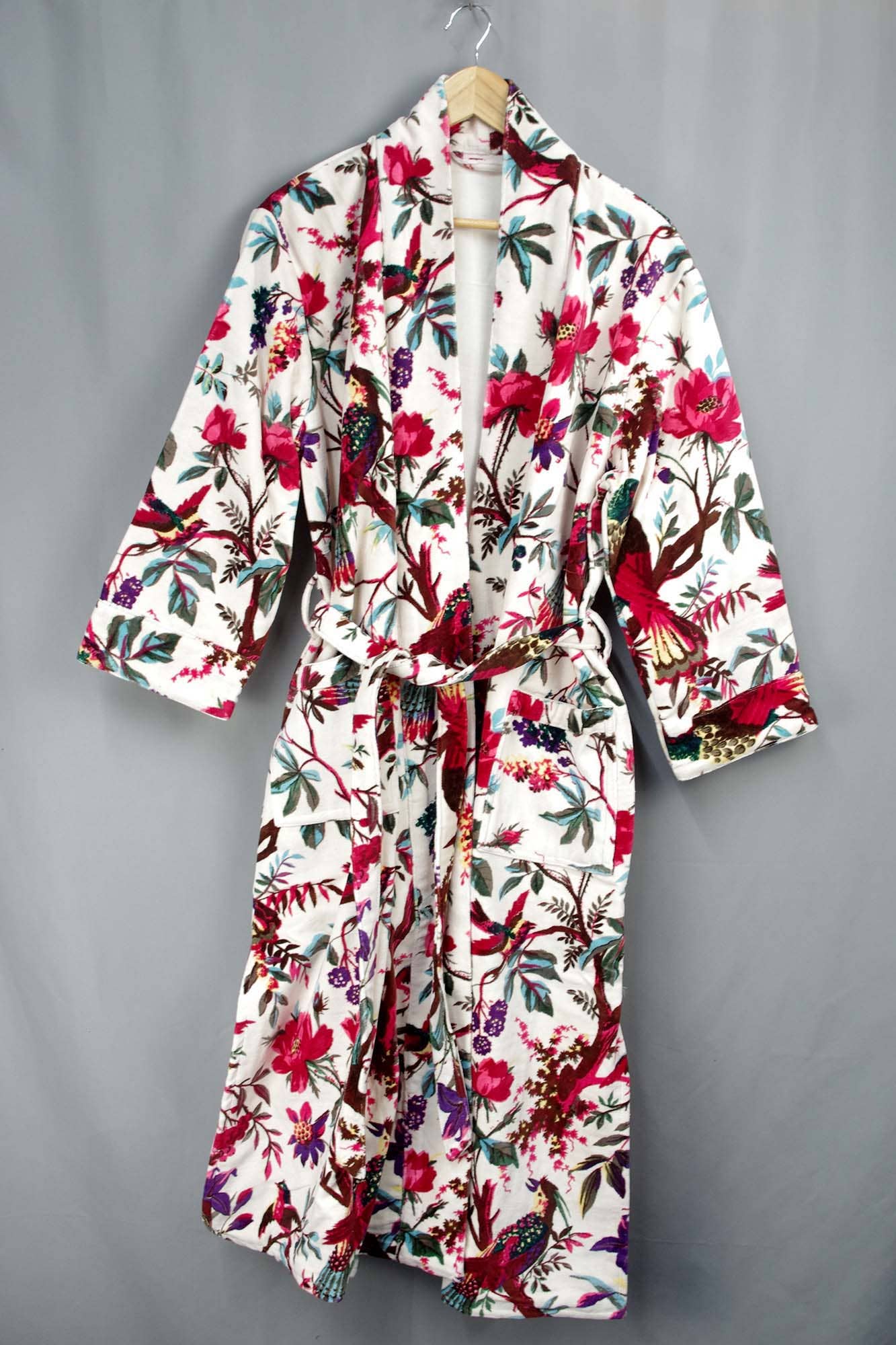 White Velvet Kimono With Tropical Flower Print
