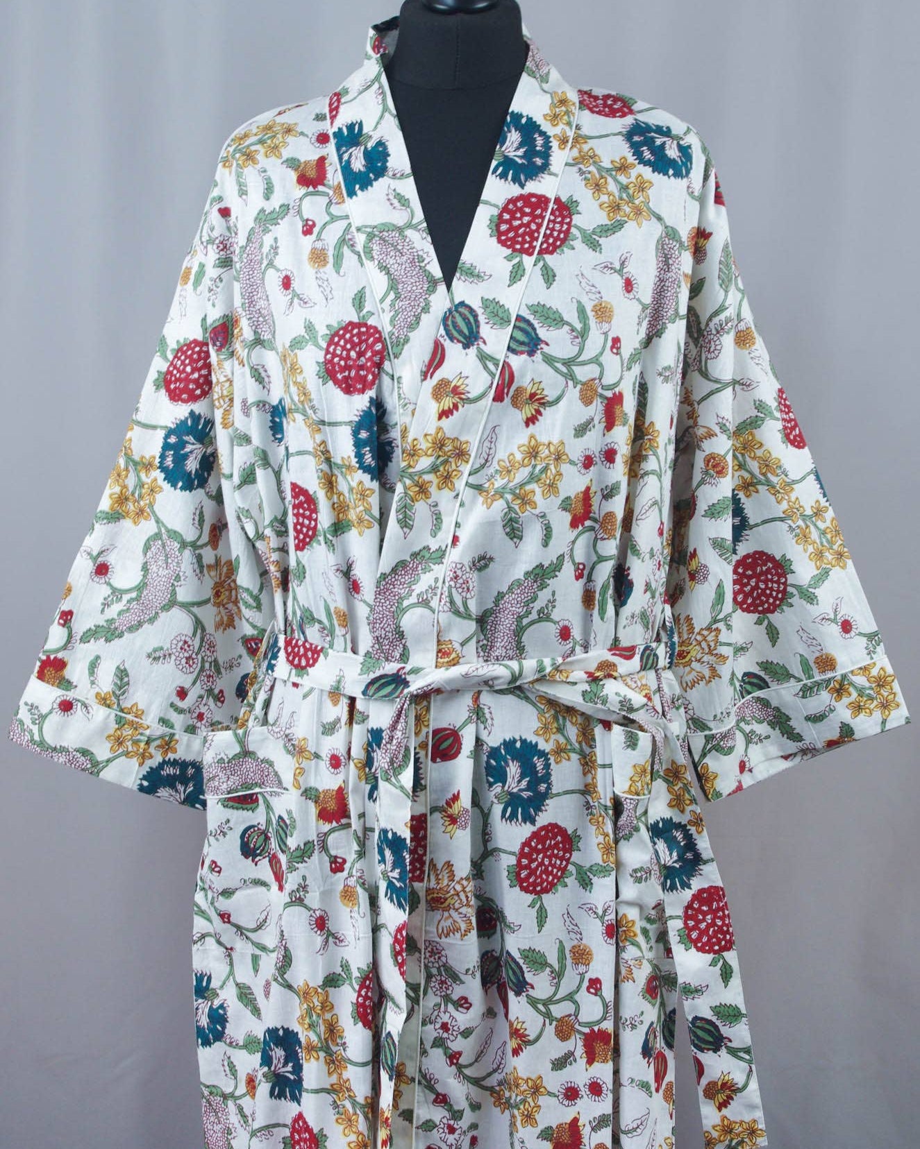 Cotton Kimono Dressing Gown -White Wild Flowers