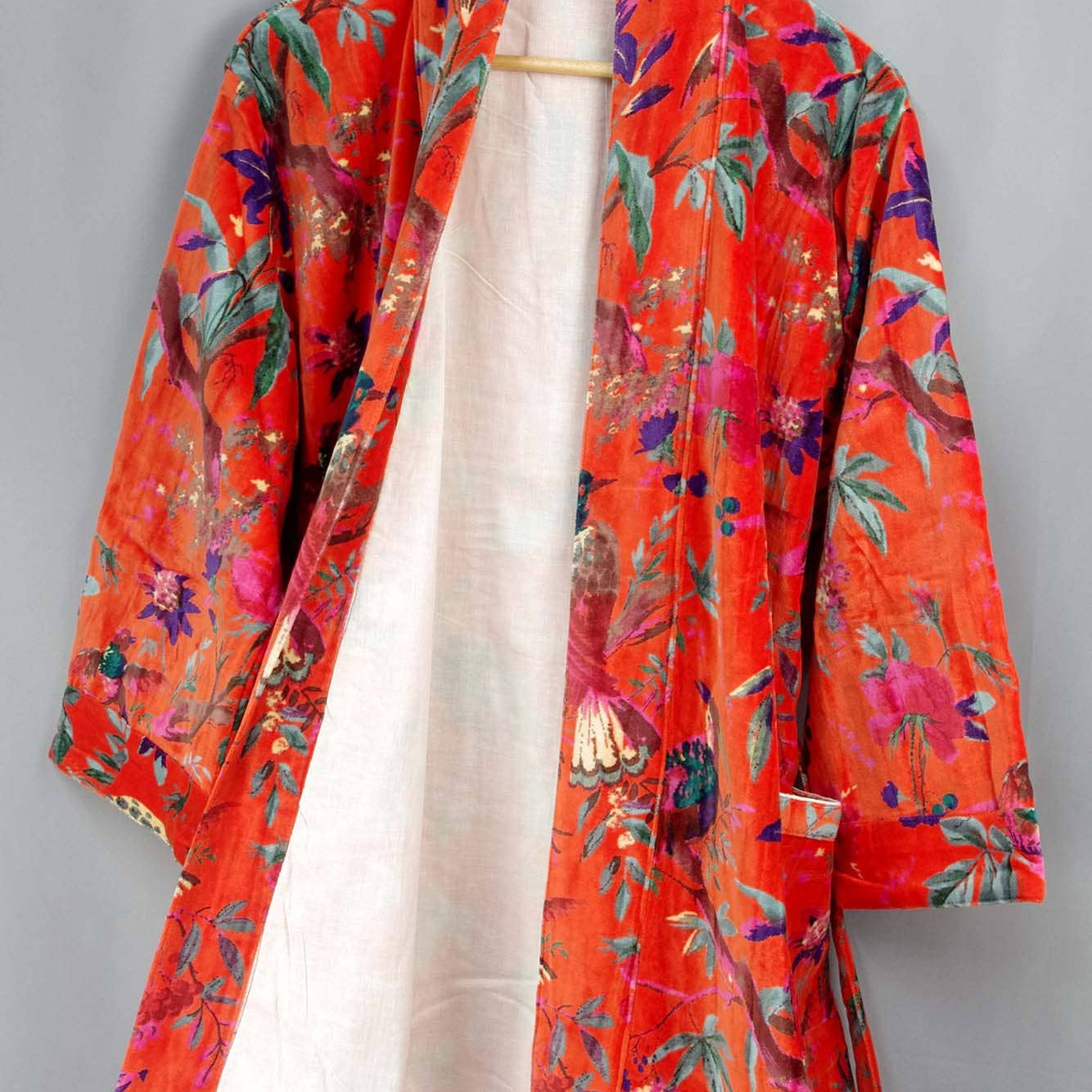 Velvet Kimono With Lining Gown - Orange Tropical Bird Print