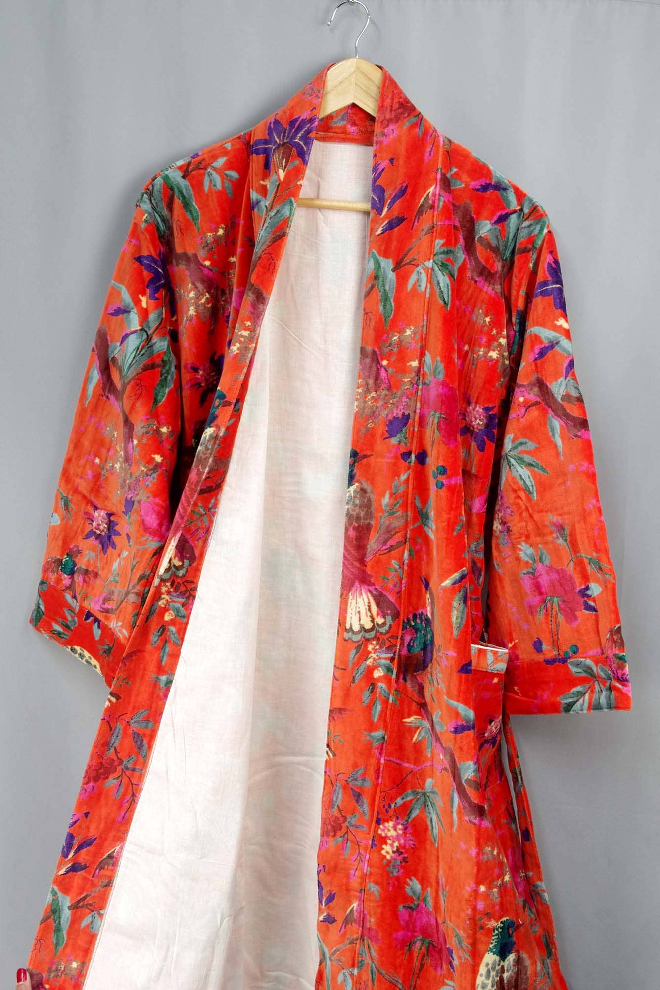 Velvet Kimono With Lining Gown - Orange Tropical Bird Print