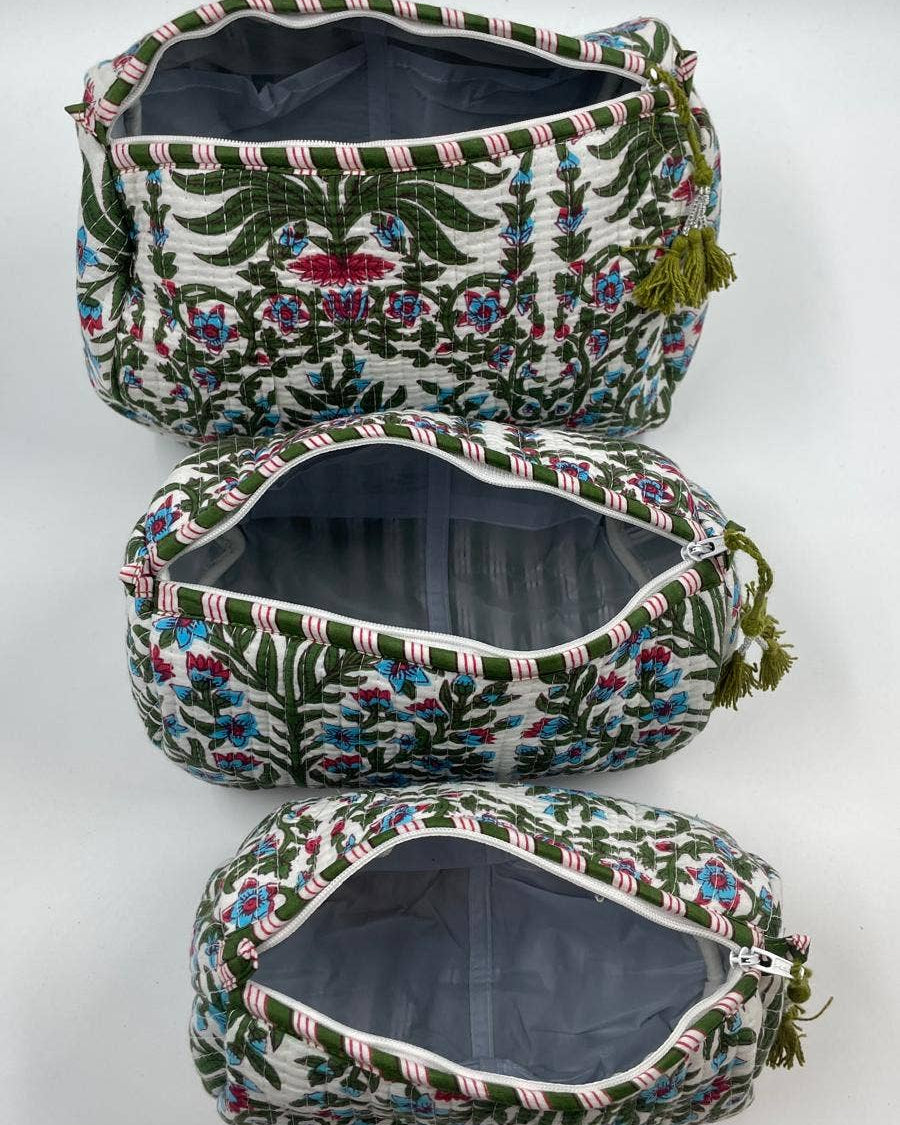 Botanical cotton  quilted wash bag  - set of three small, medium, large