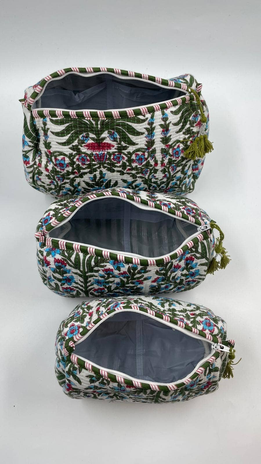 Botanical cotton  quilted wash bag  - set of three small, medium, large