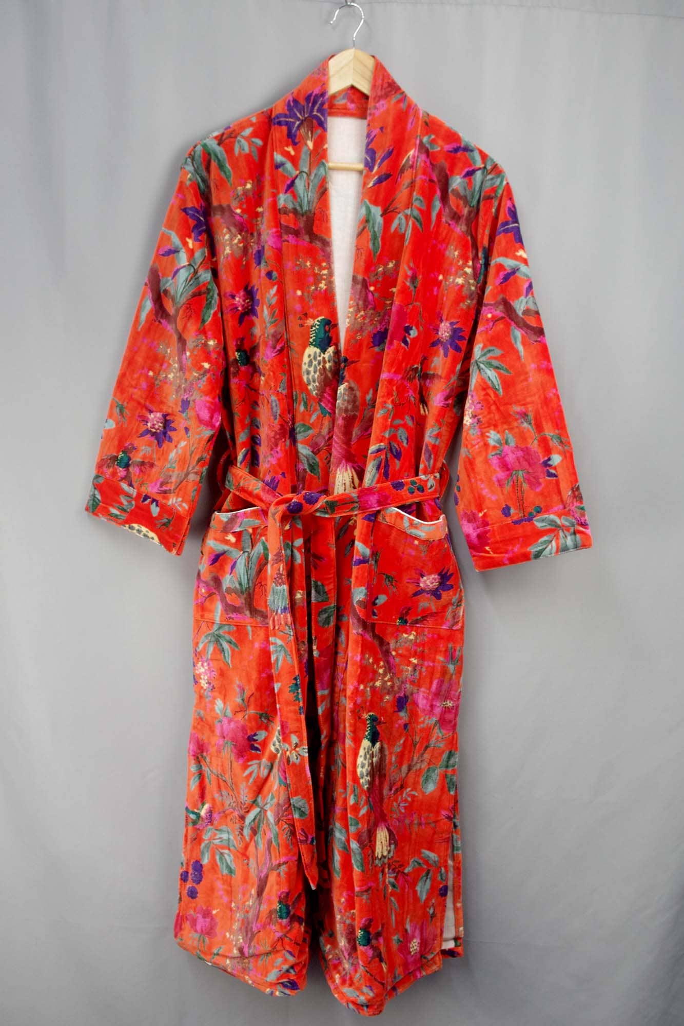 Velvet Kimono With Lining Gown - Orange Tropical Bird Print