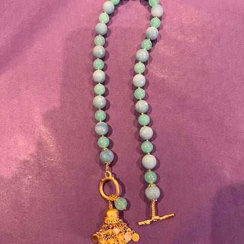 Blue angelite, green agate necklace