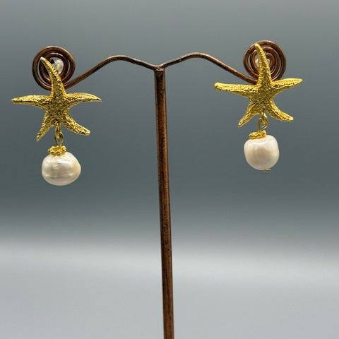Freshwater Pearl & Gold Starfish Earrings