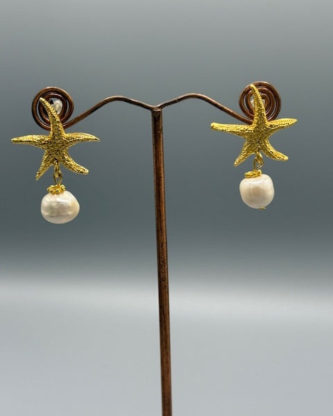 Freshwater Pearl & Gold Starfish Earrings