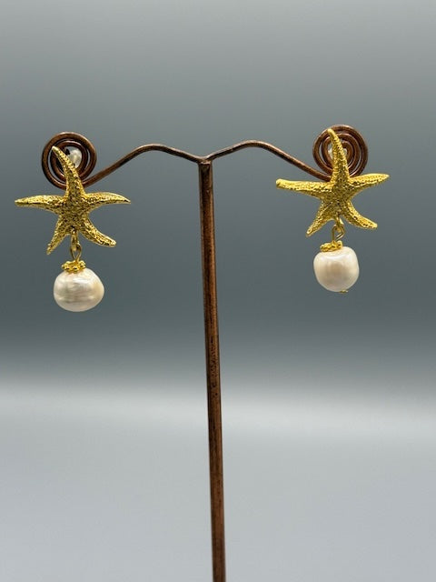 Freshwater Pearl & Gold Starfish Earrings