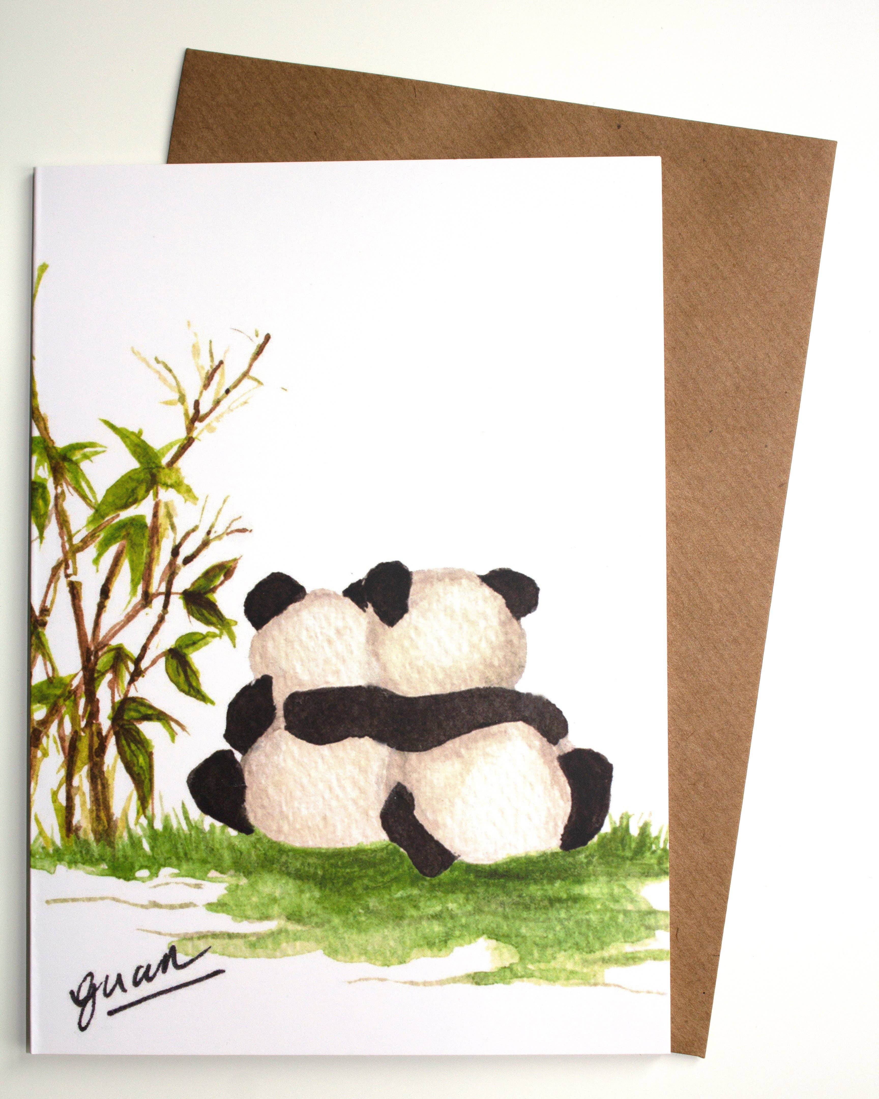 Greeting card with two pandas hugging and a tree, on a white background