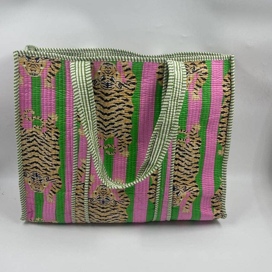 Pink & Green Tiger Cotton Kantha Tiger Tote Bag