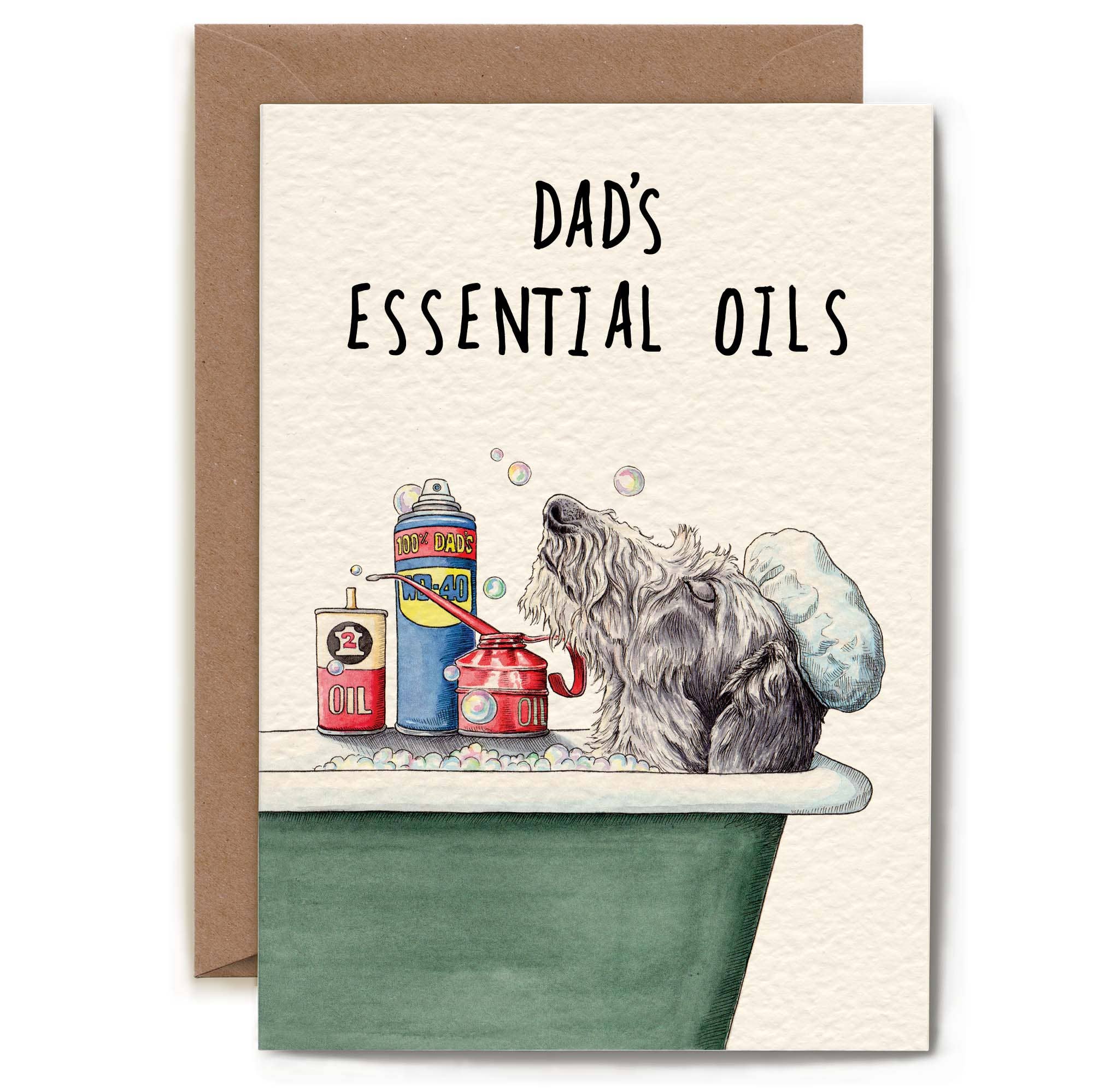 Card with a dog in a bathtub and 'Dad's Essential Oils' text, with a brown envelope.