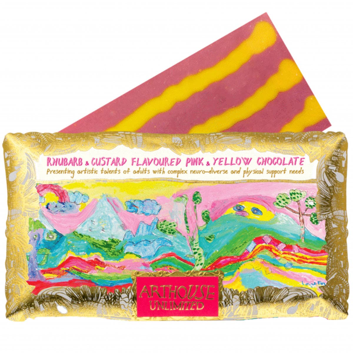 Colorful chocolate bar with artistic design and 'Arthouse Unlimited' branding on a white background.