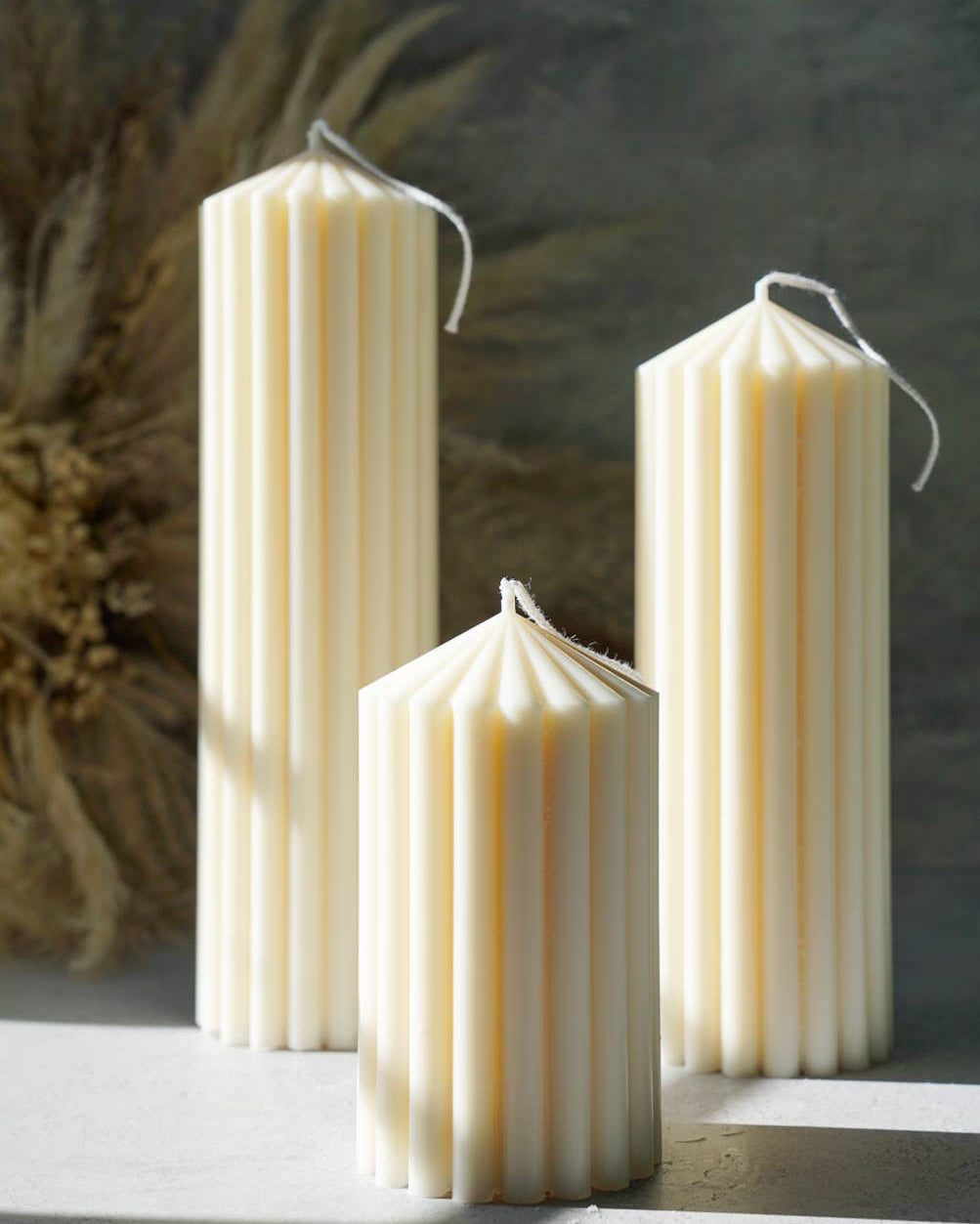 Medium white Ribbed Pillar Candle Soywax