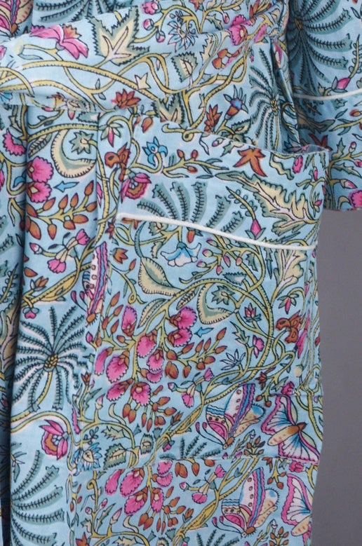 Cotton Kimono Dressing Gown Robe -Turquoise  Palm Tree