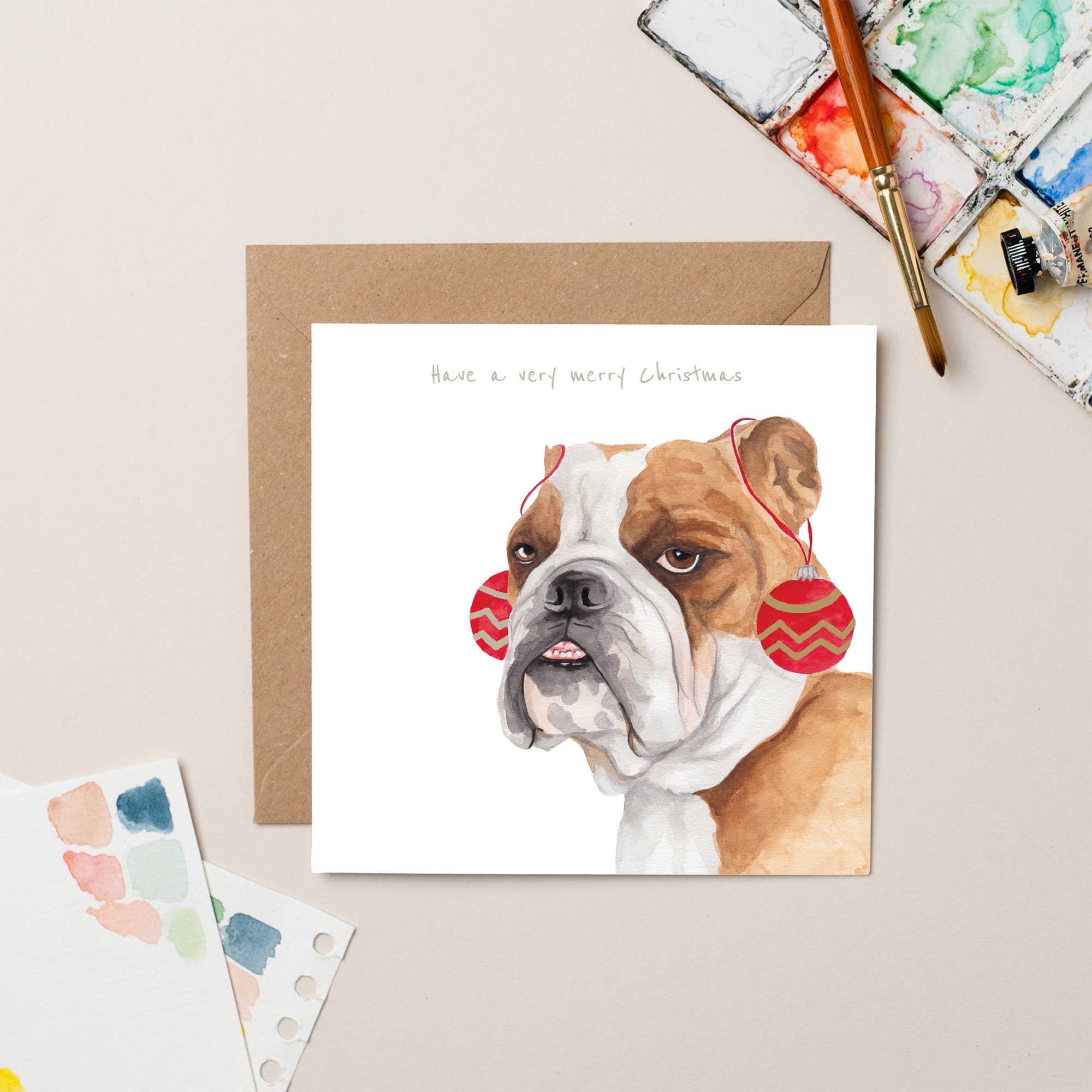 Bulldog with Bauble Ears card with Gold Foil