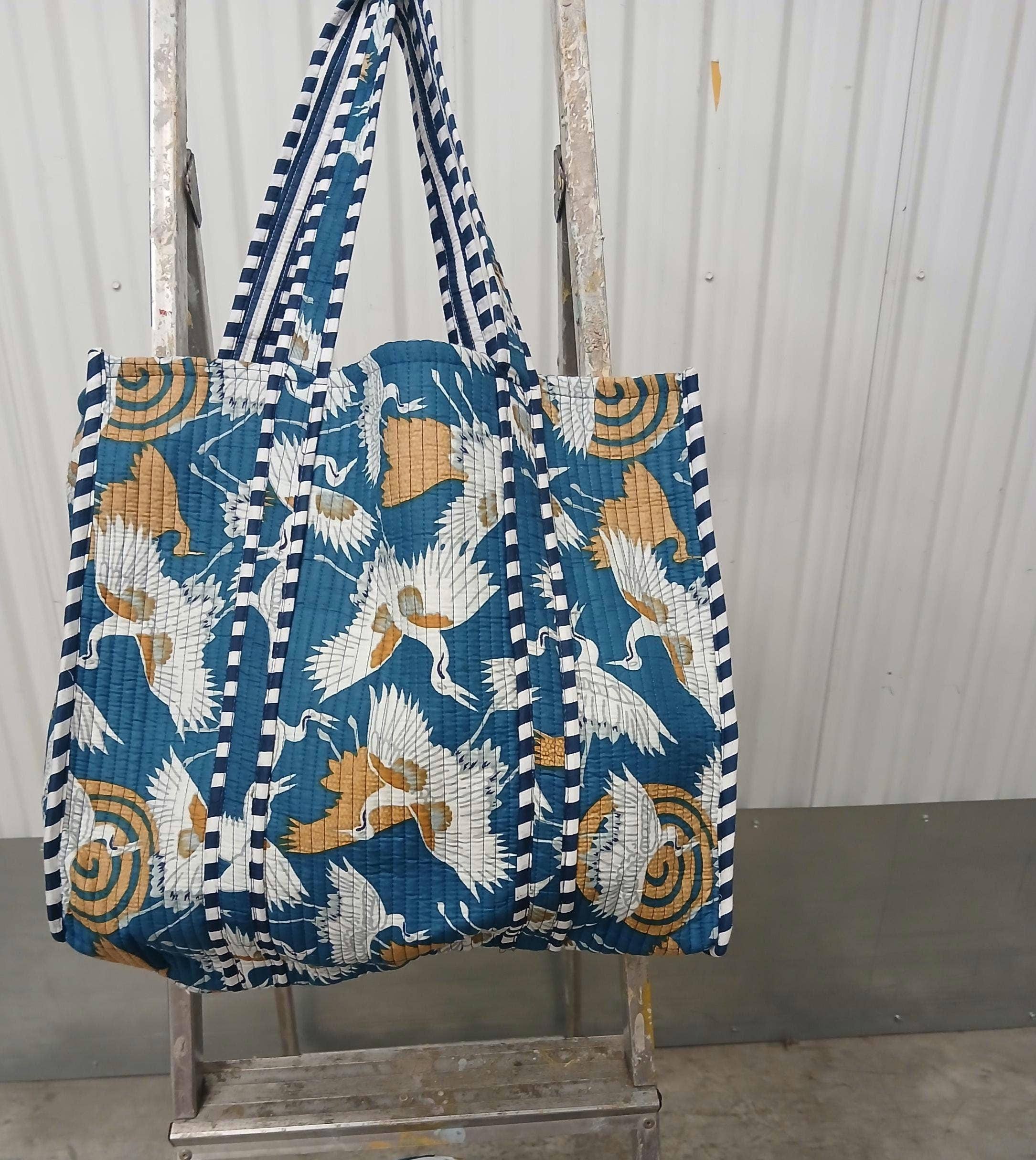 Blue Crane Cotton Kantha Large Quilted Tote Bag