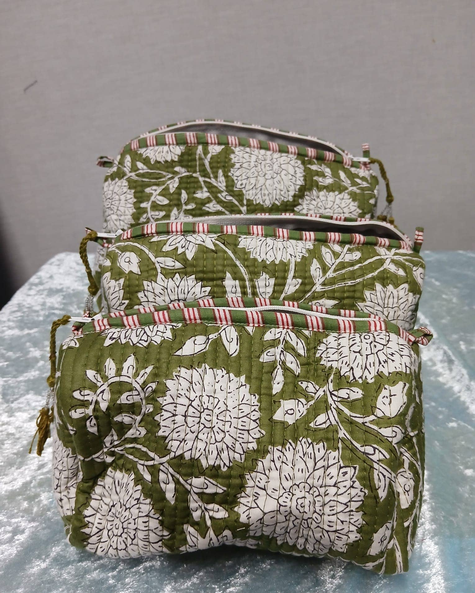 Olive Green Cotton quilted wash bag set of 3