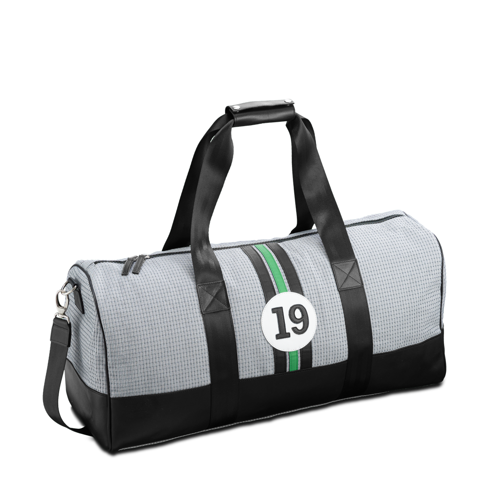 19 Traveling bag in upcycled car fabric and leather