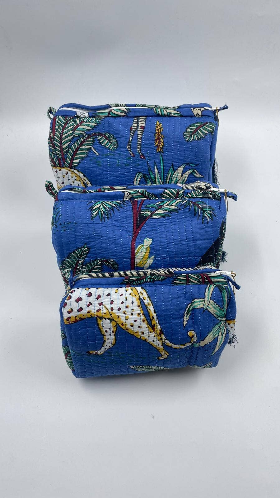 Cotton quilted Jungle design wash bag set of 3 small medium & large