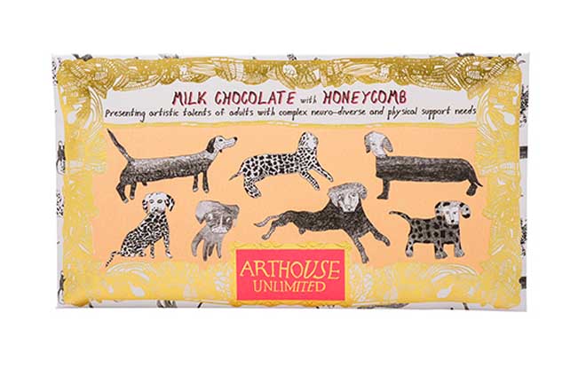 Chocolate bar packaging with illustrations of dogs and Arthouse Unlimited branding.