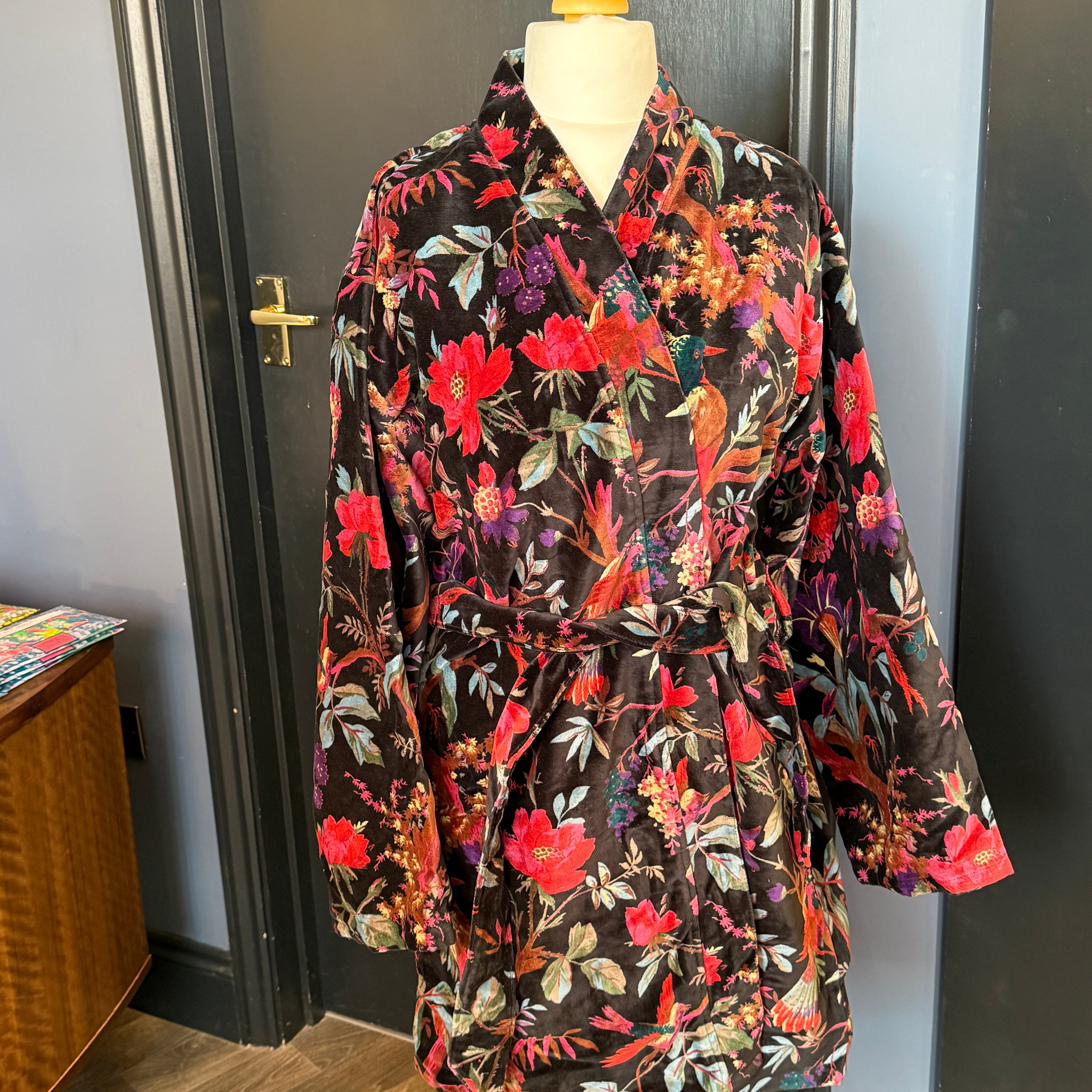 Black velvet robe -  botanical & bird print, knee length
