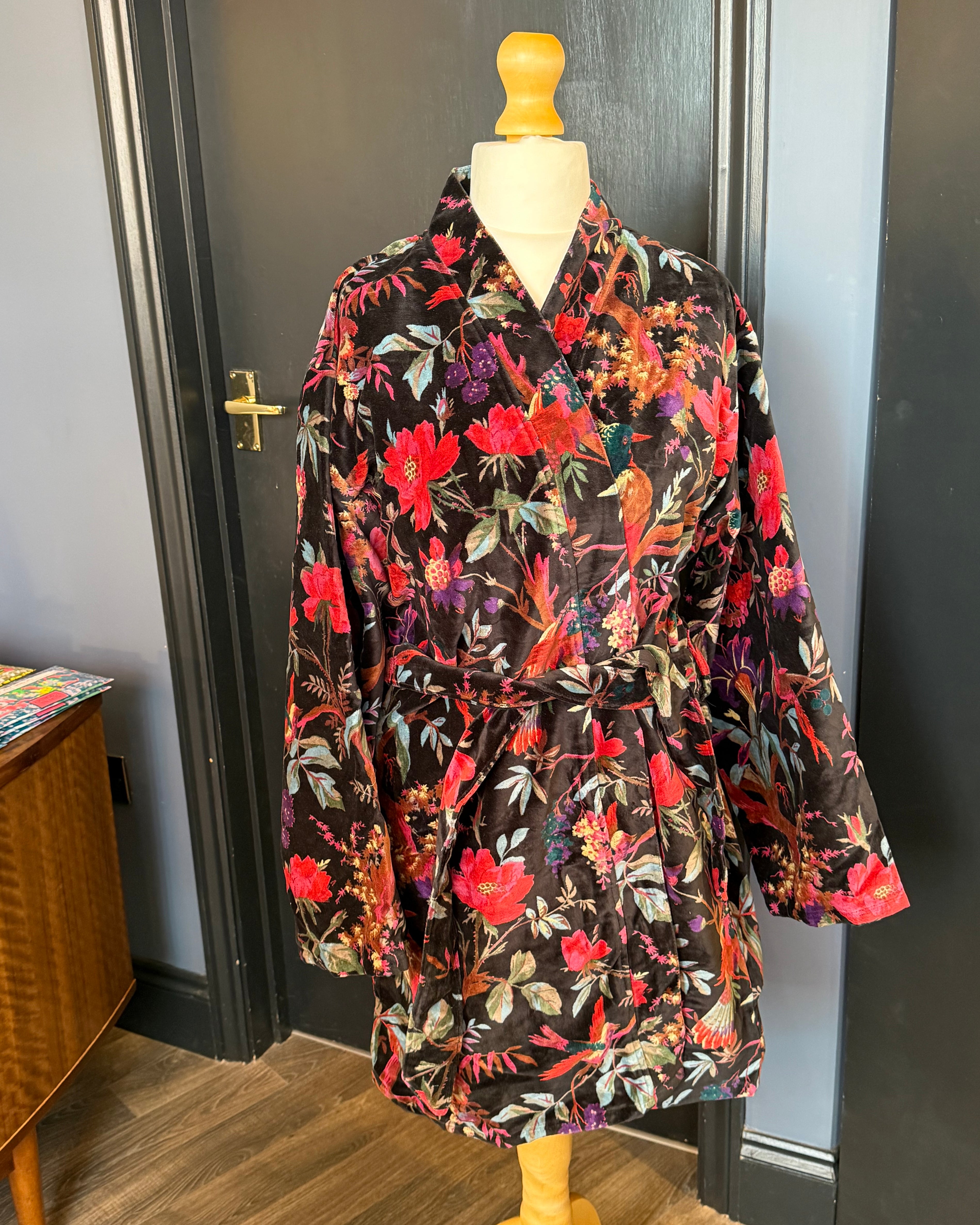 Black velvet robe -  botanical & bird print, knee length