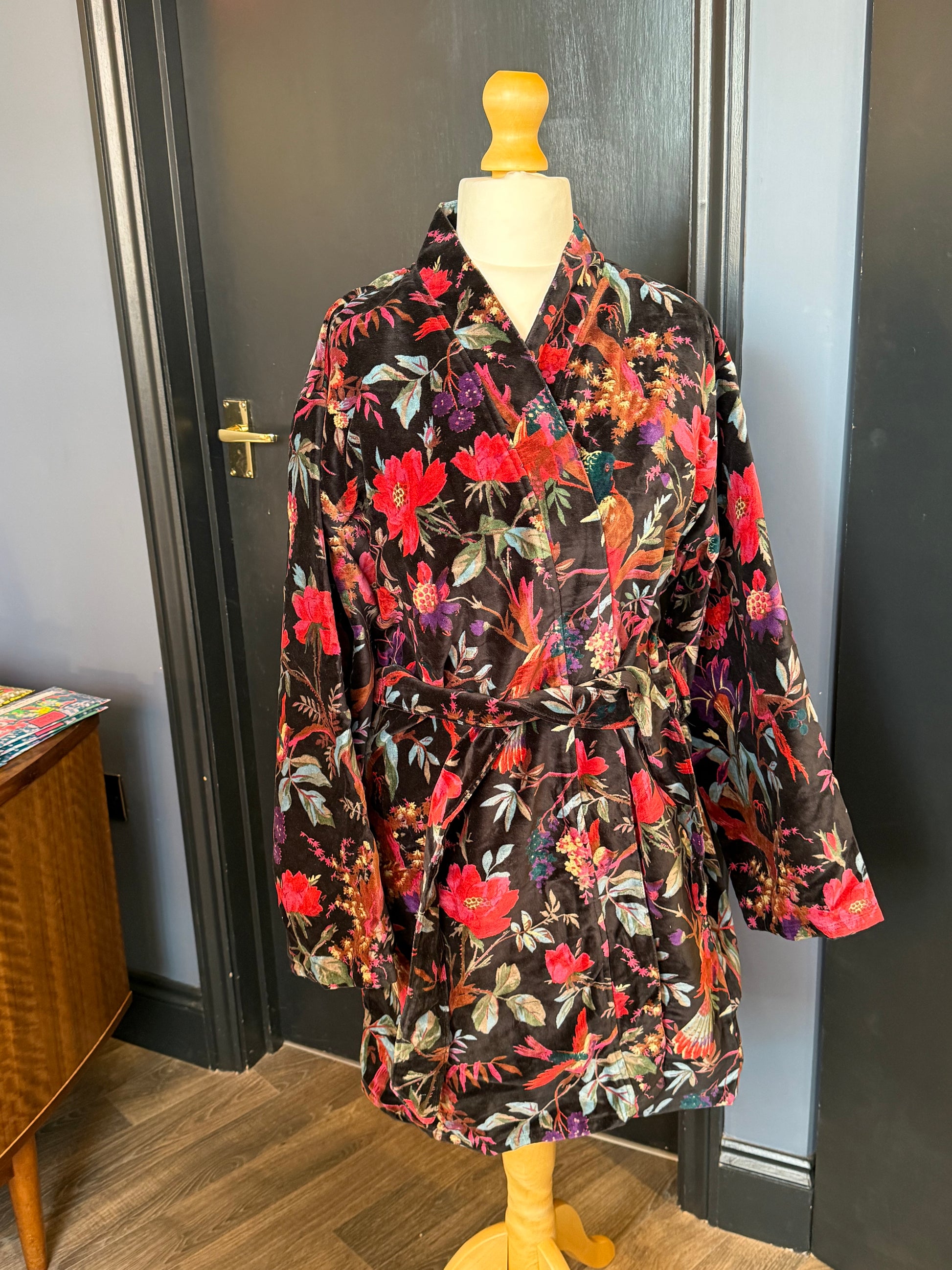 Black velvet robe -  botanical & bird print, knee length