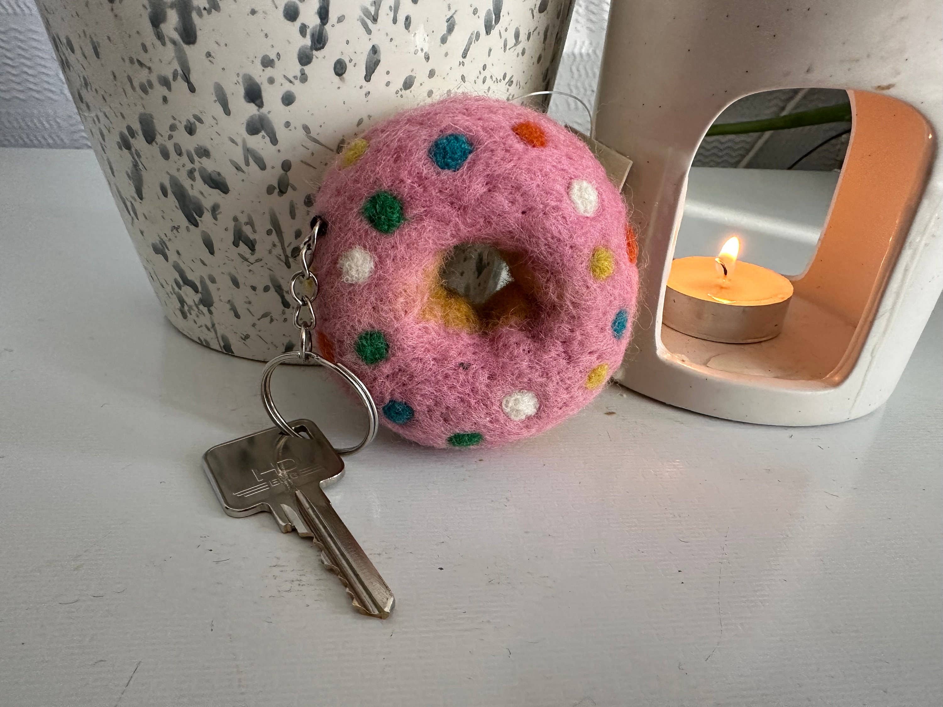 Donut Strawberry Sprinkle Keyring - Handmade in felt