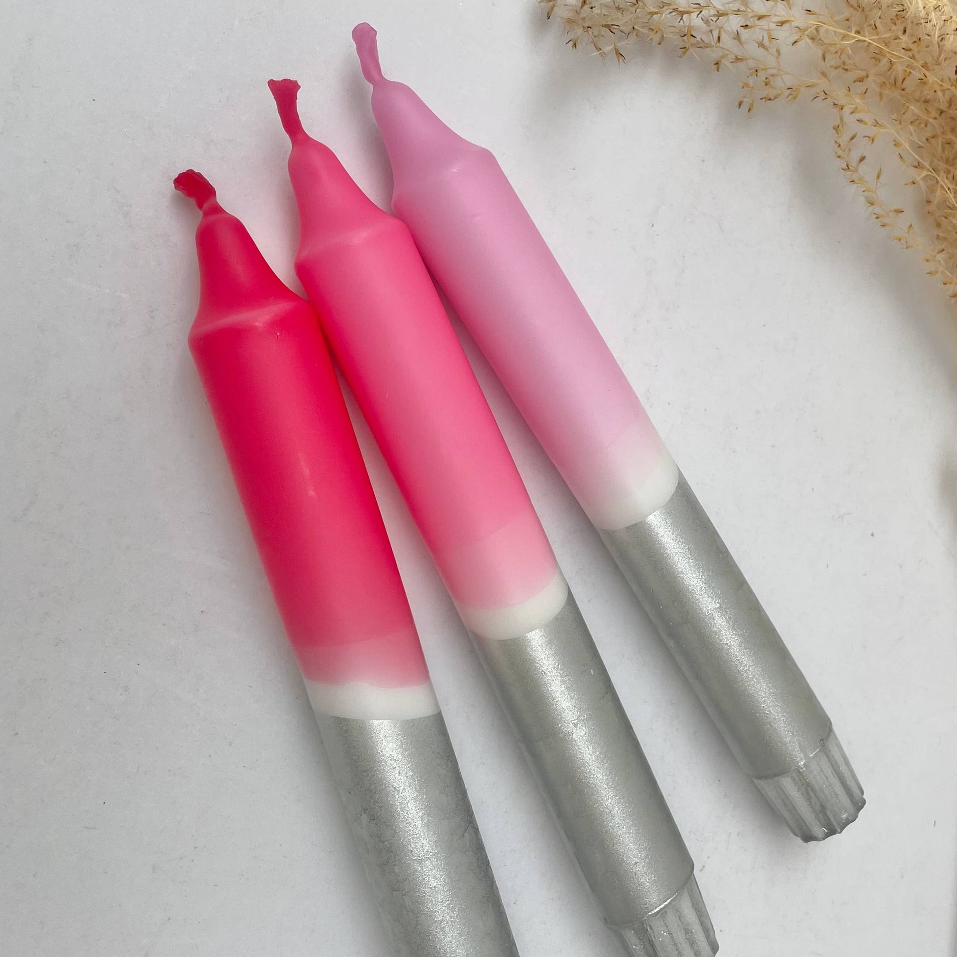 Rosy Hues & Silver Dip Dye Dinner Candles
