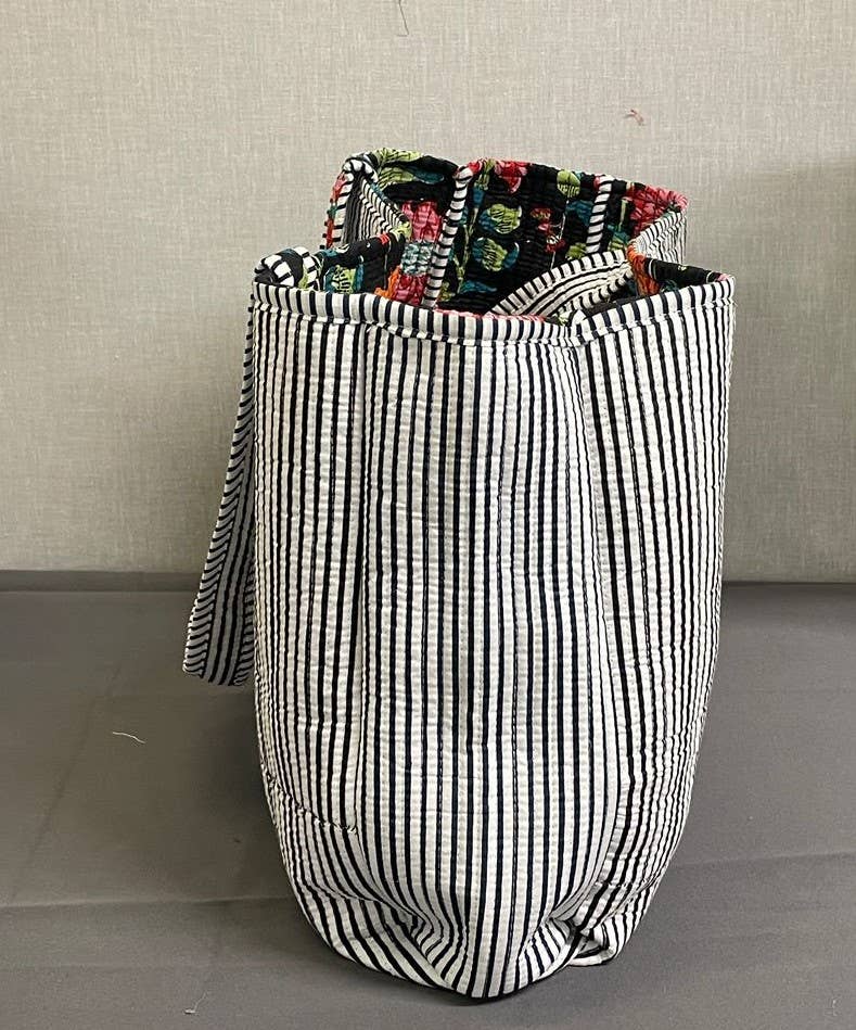 Black Floral Kantha Quilted Tote Bag