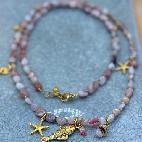Long Pink Opal & Gold Necklace With Charms